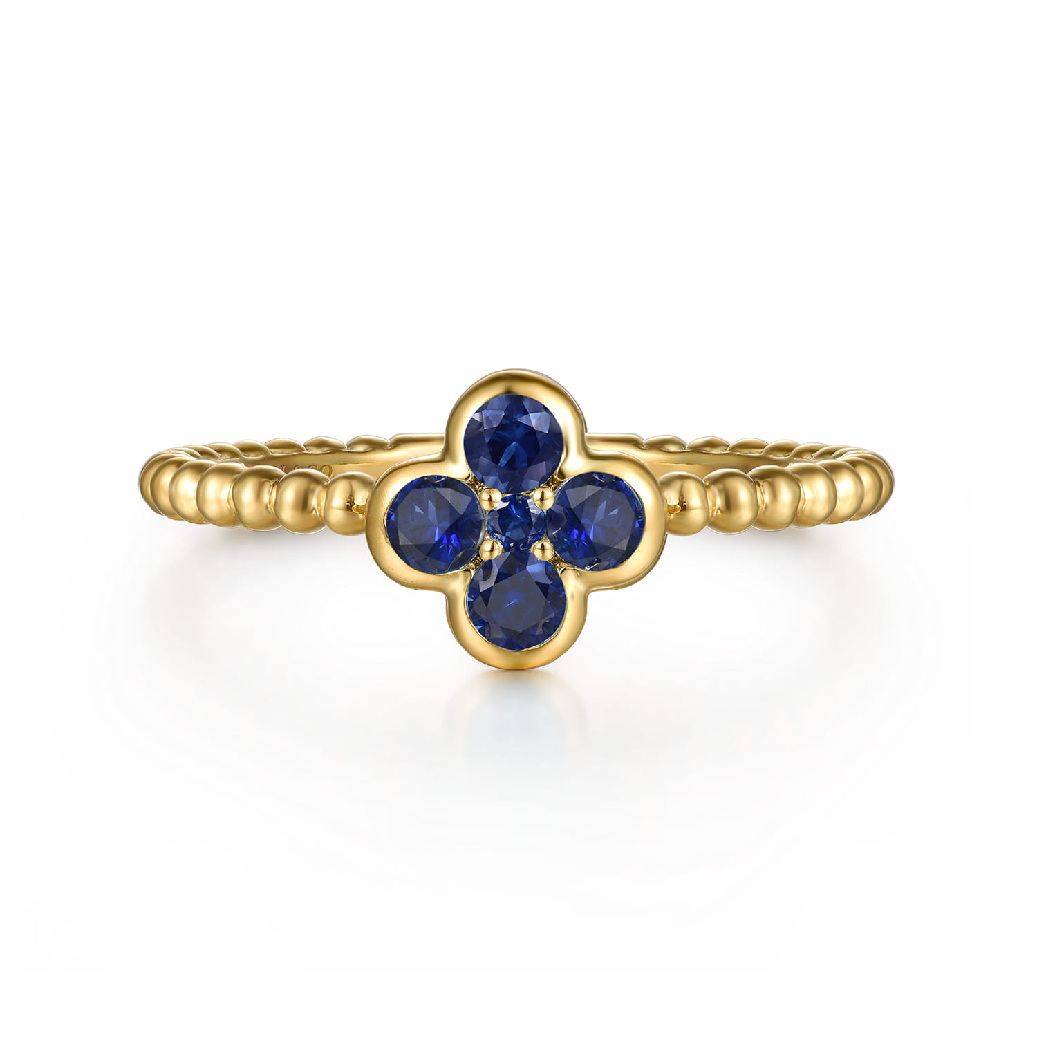 14K Yellow Gold Sapphire Cluster Clover and Bujukan Bead Stackable Ring - Shot 1