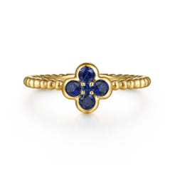 14K Yellow Gold Sapphire Cluster Clover and Bujukan Bead Stackable Ring