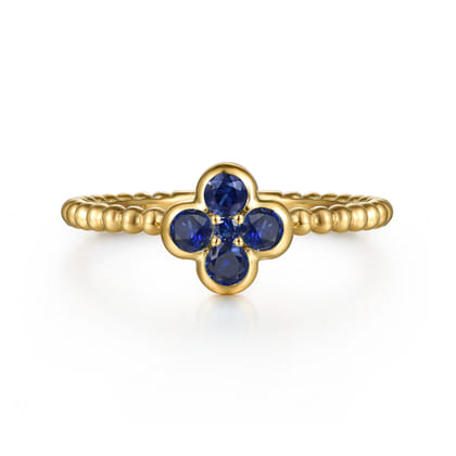14K Yellow Gold Sapphire Cluster Clover and Bujukan Bead Stackable Ring