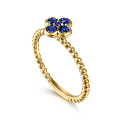 14K Yellow Gold Sapphire Cluster Clover and Bujukan Bead Stackable Ring