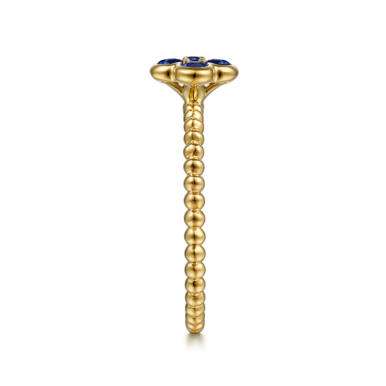 14K Yellow Gold Sapphire Cluster Clover and Bujukan Bead Stackable Ring - Shot 4