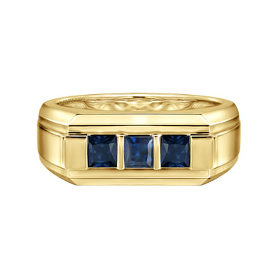 14K Yellow Gold Sapphire Men's Ring in Sand Blast Finish
