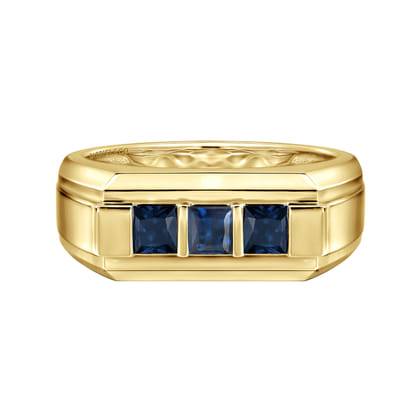 14K Yellow Gold Sapphire Men's Ring in Sand Blast Finish