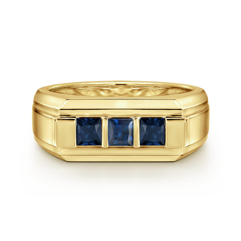 14K Yellow Gold Sapphire Men's Ring in Sand Blast Finish - Shot 1