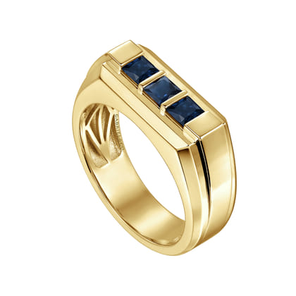 14K Yellow Gold Sapphire Men's Ring in Sand Blast Finish