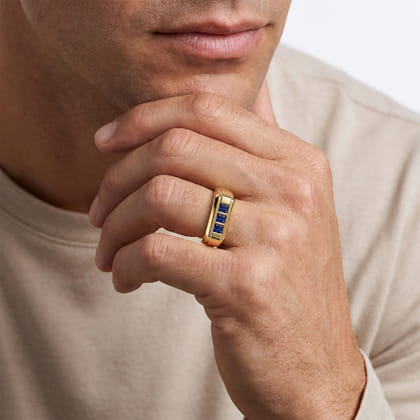 14K Yellow Gold Sapphire Men's Ring in Sand Blast Finish