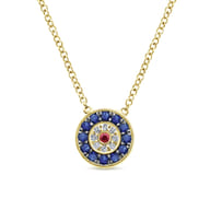 14K Yellow Gold Sapphire Ruby and Diamond Evil Eye Pendant Necklace