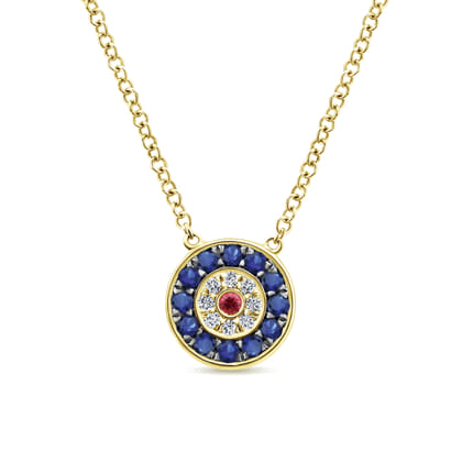 14K Yellow Gold Sapphire Ruby and Diamond Evil Eye Pendant Necklace