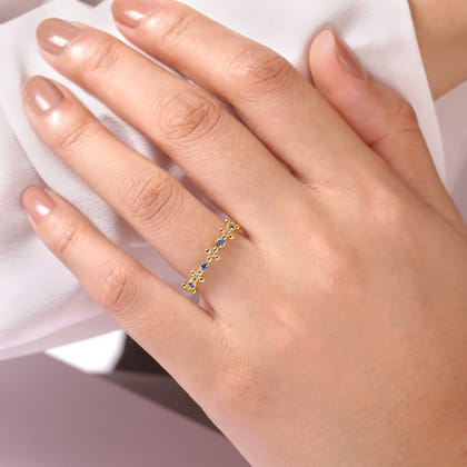 14K Yellow Gold Sapphire and Bujukan Bead Station Ring