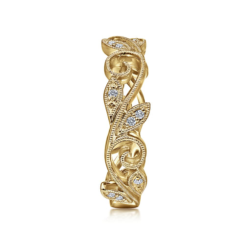 14K Yellow Gold Scrolling Floral Diamond Stackable Ring - 0.09 ct - Shot 4