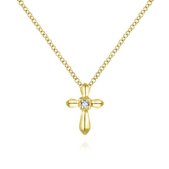 14K Yellow Gold Sculpted Diamond Cross Pendant Necklace