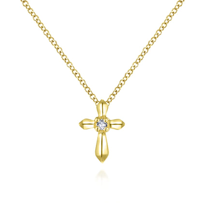 14K Yellow Gold Sculpted Diamond Cross Pendant Necklace