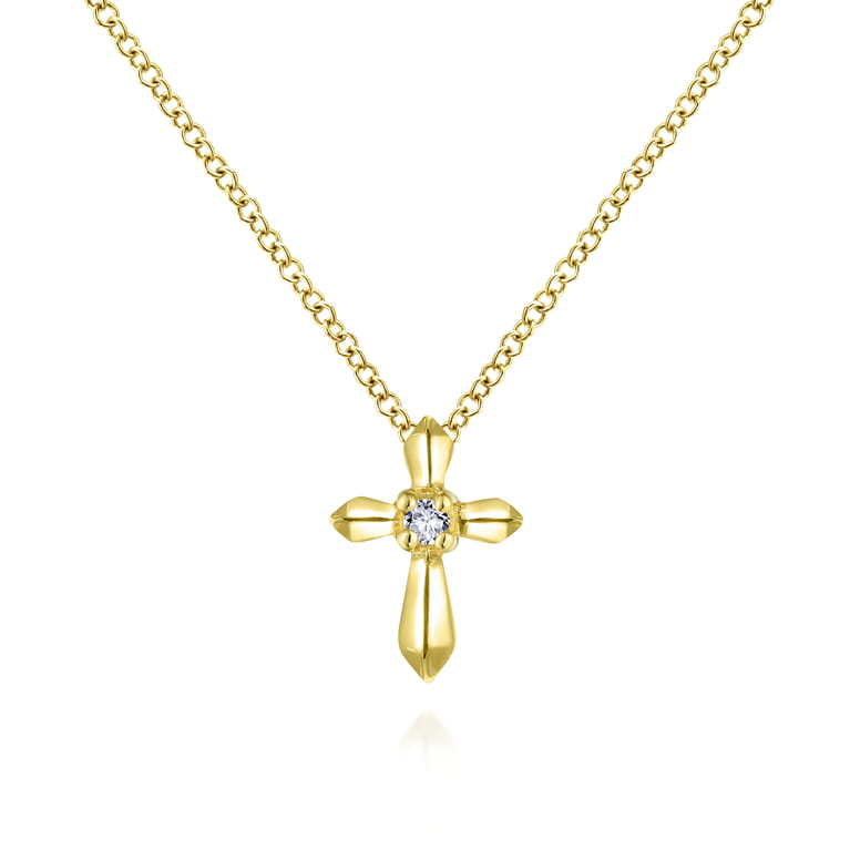 14K Yellow Gold Sculpted Diamond Cross Pendant Necklace - 0.02 ct - Shot 1
