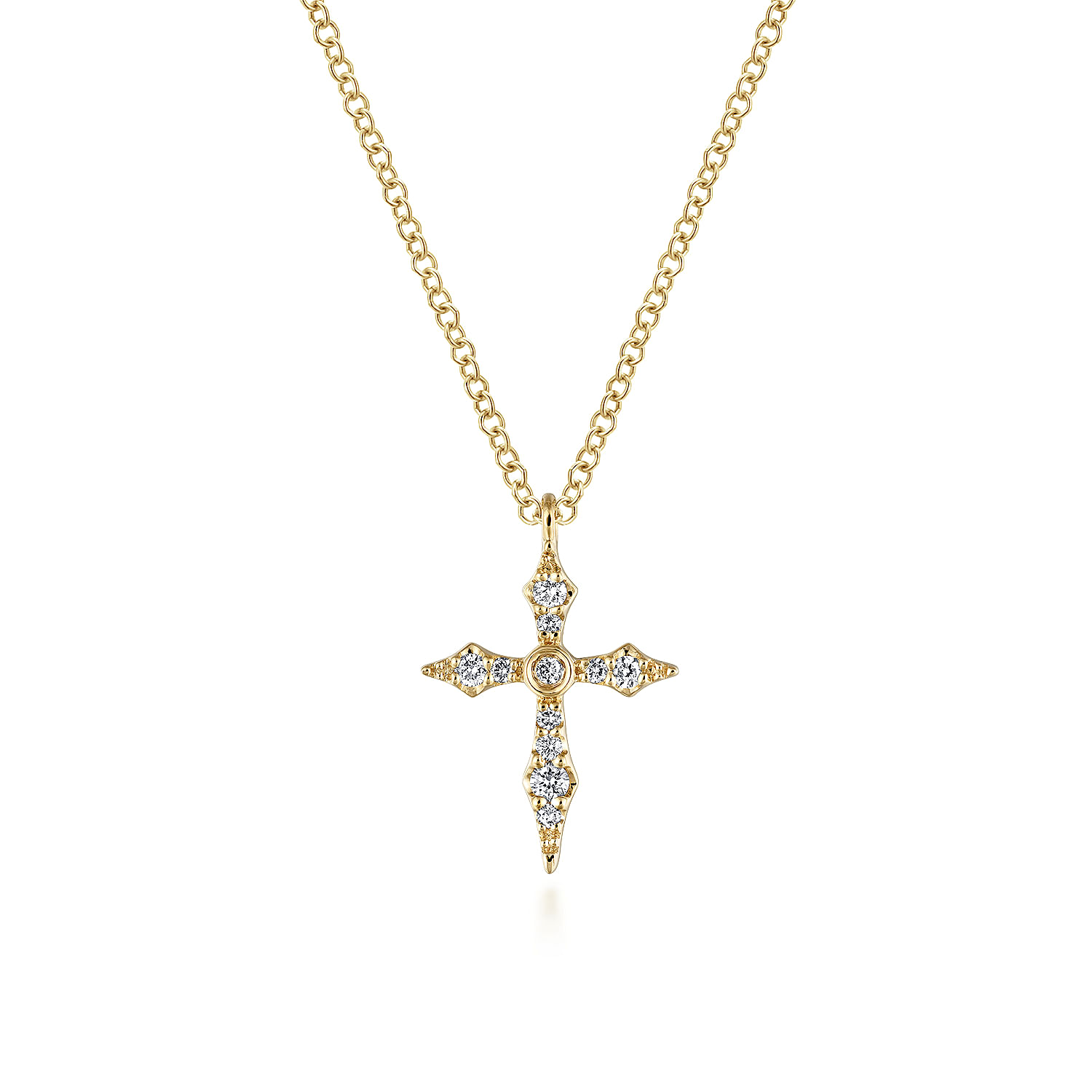 14K Yellow Gold Sculpted Diamond Cross Pendant Necklace