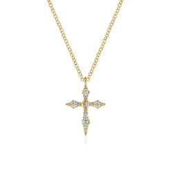 14K Yellow Gold Sculpted Diamond Cross Pendant Necklace