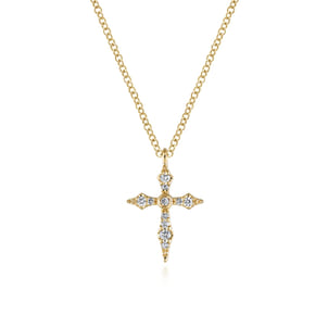 14K Yellow Gold Sculpted Diamond Cross Pendant Necklace