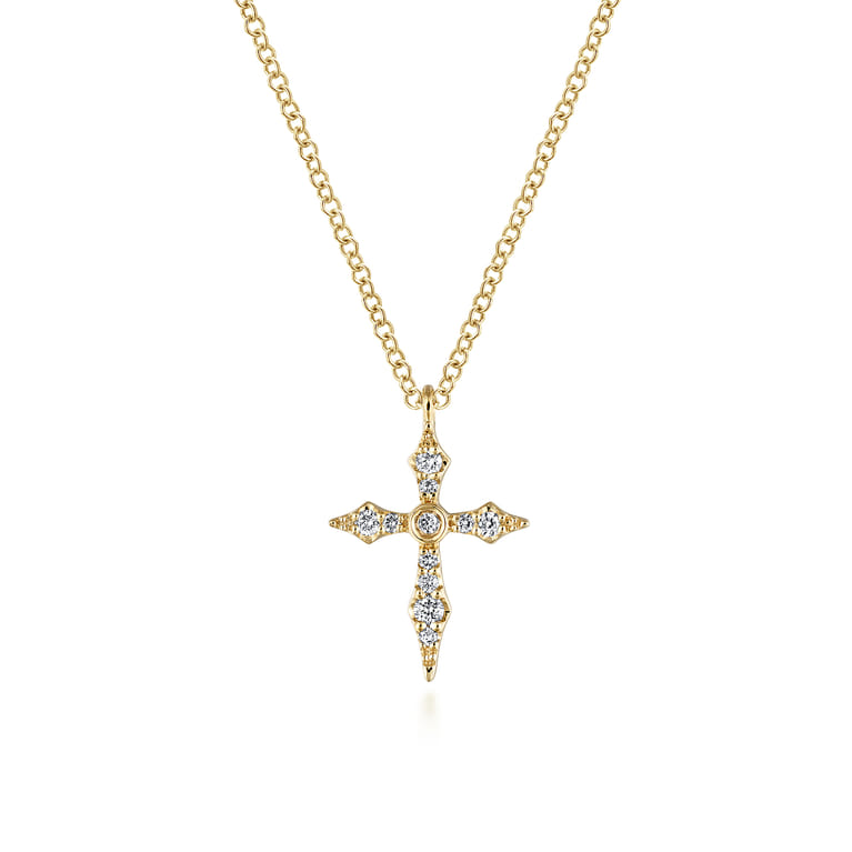 14K Yellow Gold Sculpted Diamond Cross Pendant Necklace - 0.09 ct - Shot 1