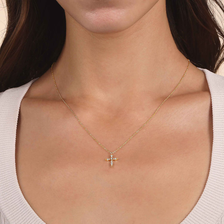 14K Yellow Gold Sculpted Diamond Cross Pendant Necklace
