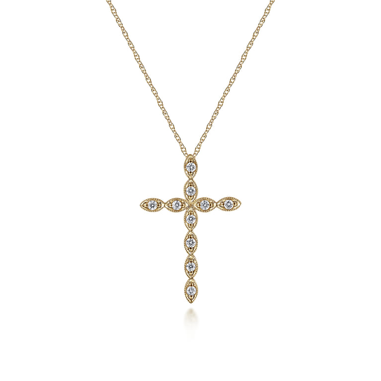 14K Yellow Gold Segmented Diamond Cross Necklace - 0.15 ct - Shot 1