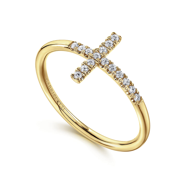 14K Yellow Gold Sideways Cross Diamond Ring - 0.11 ct - Shot 3