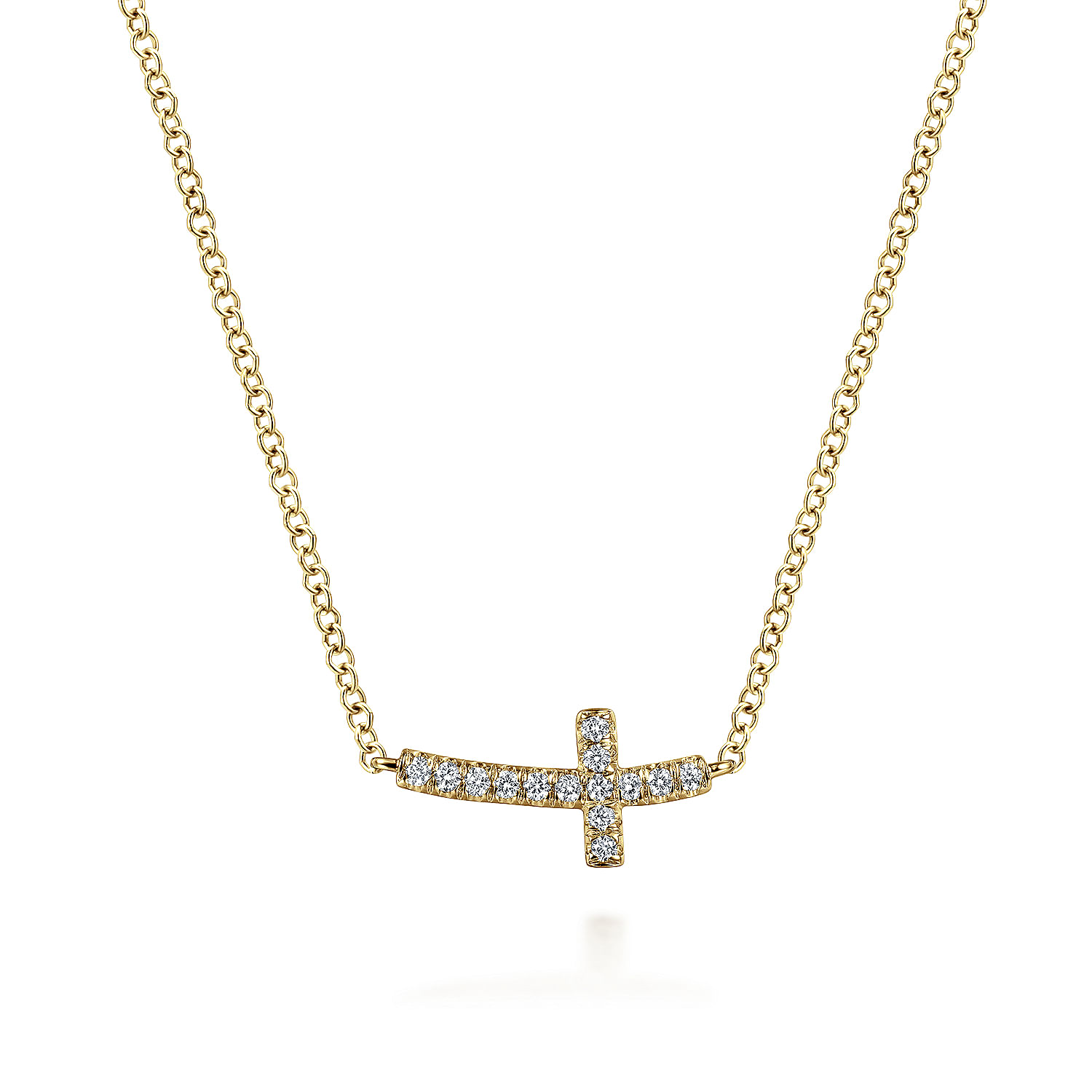 14K Yellow Gold Sideways Curved Diamond Cross Necklace | Shop 14k