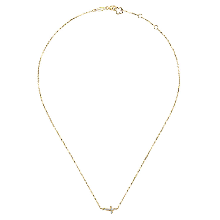 14K Yellow Gold Sideways Curved Diamond Cross Necklace