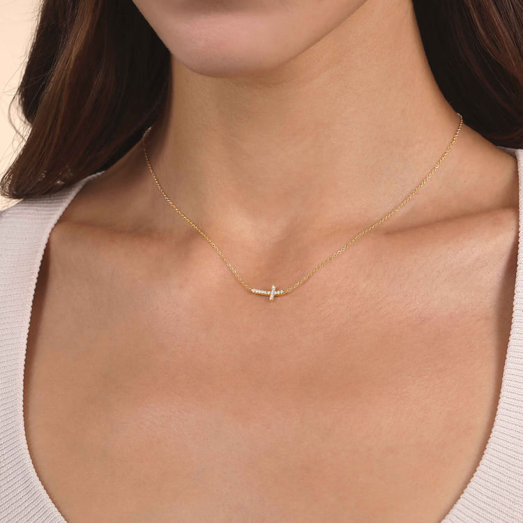 14K Yellow Gold Sideways Curved Diamond Cross Necklace
