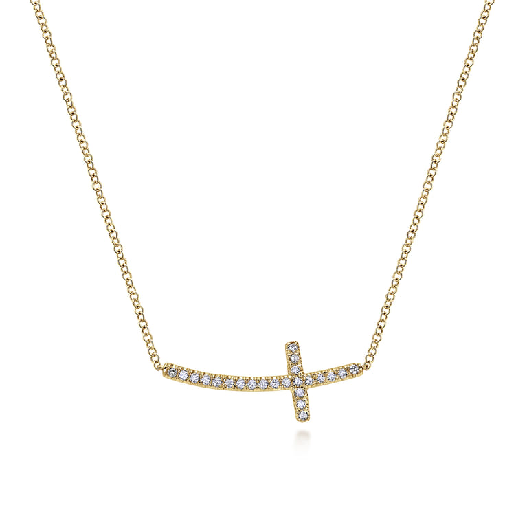 14K Yellow Gold Sideways Curved Diamond Cross Necklace - 0.17 ct - Shot 1