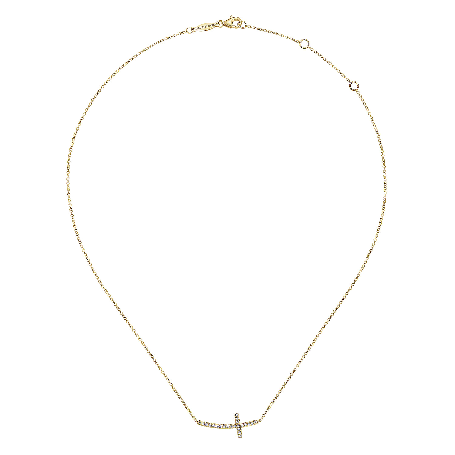 14K Yellow Gold Sideways Curved Diamond Cross Necklace - 0.17 ct - Shot 2