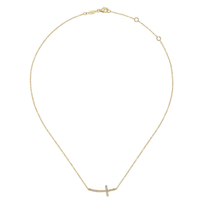 14K Yellow Gold Sideways Curved Diamond Cross Necklace