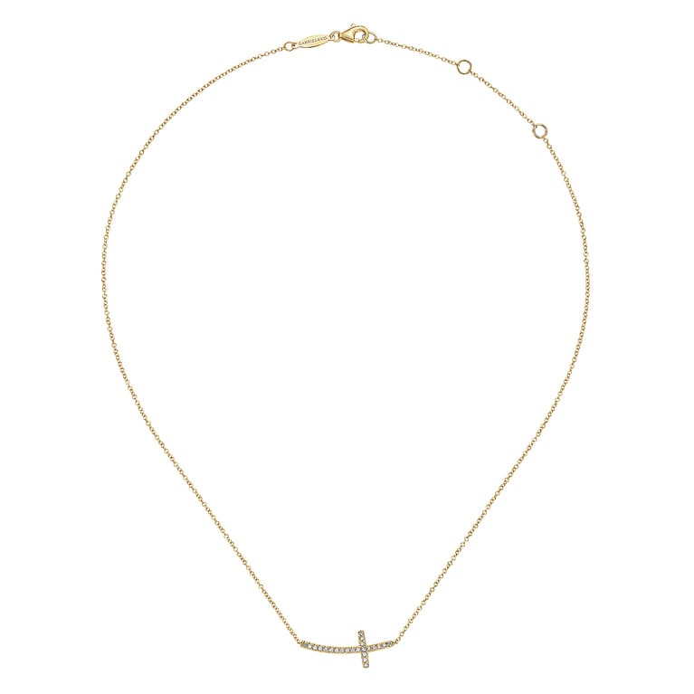 14K Yellow Gold Sideways Curved Diamond Cross Necklace - 0.17 ct - Shot 2