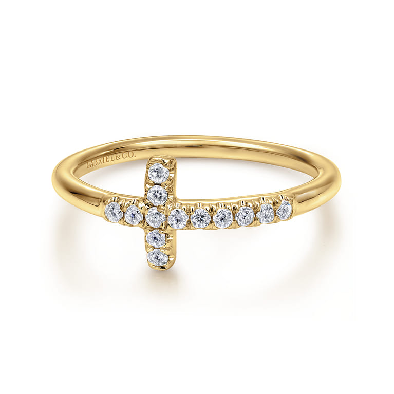 14K Yellow Gold Sideways Diamond Cross Ring - 0.13 ct - Shot 1