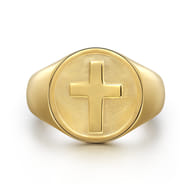 14K Yellow Gold Signet Mens Ring in Sand Blast Finish