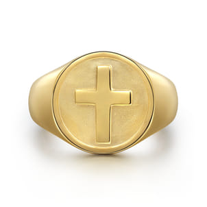 14K Yellow Gold Signet Mens Ring in Sand Blast Finish