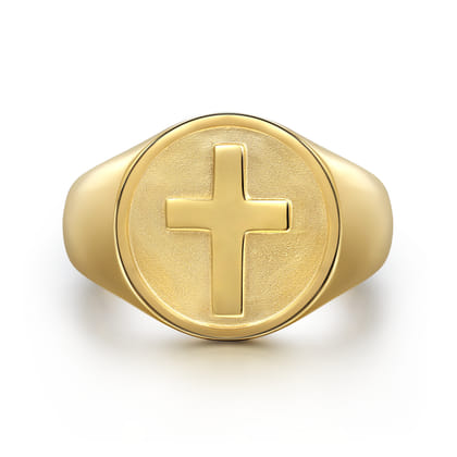 14K Yellow Gold Signet Mens Ring in Sand Blast Finish