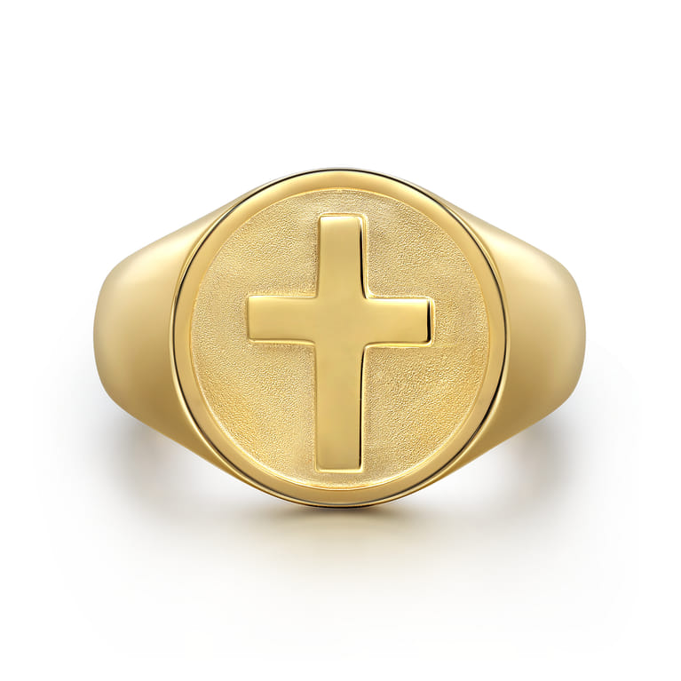 14K Yellow Gold Signet Mens Ring in Sand Blast Finish - Shot 1