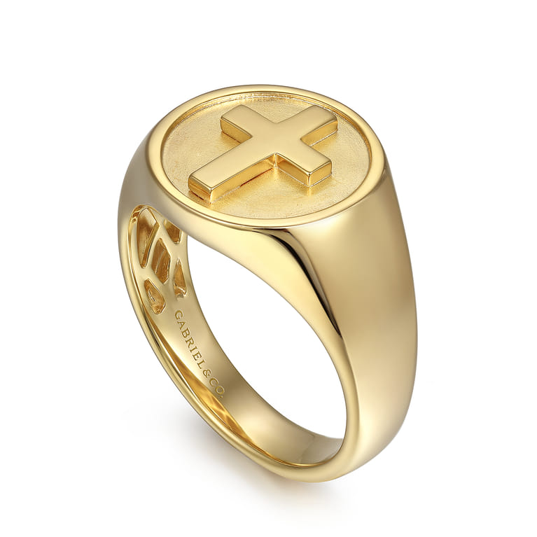 14K Yellow Gold Signet Mens Ring in Sand Blast Finish - Shot 3