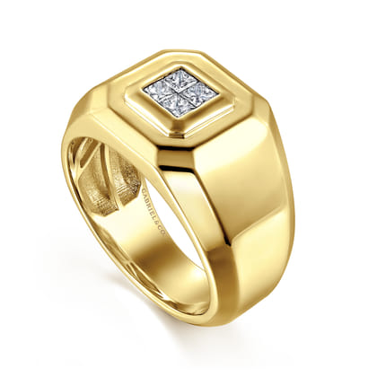 14K Yellow Gold Signet Ring with Princess Cut Diamonds