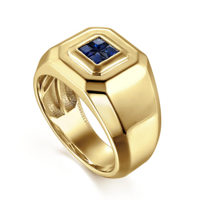 14K Yellow Gold Signet Ring with Princess Cut Sapphires