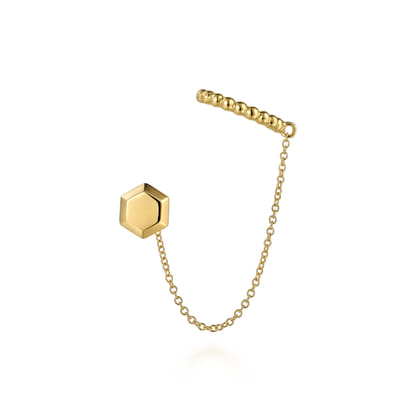 14K Yellow Gold Single Stud With Chain Drop And Cuff Earring