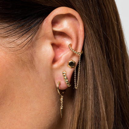 14K Yellow Gold Single Stud With Chain Drop And Cuff Earring