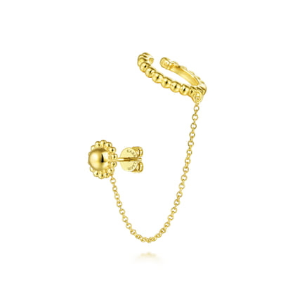14K Yellow Gold Single Stud With Chain Drop And Cuff Earring
