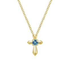 14K Yellow Gold Sky Blue Topaz Cross Pendant Necklace