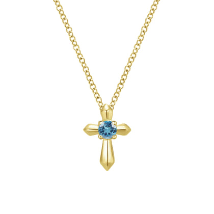 14K Yellow Gold Sky Blue Topaz Cross Pendant Necklace