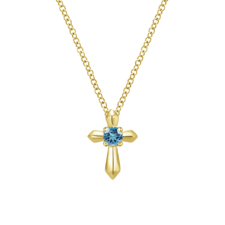 14K Yellow Gold Sky Blue Topaz Cross Pendant Necklace - Shot 1