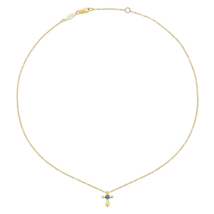 14K Yellow Gold Sky Blue Topaz Cross Pendant Necklace