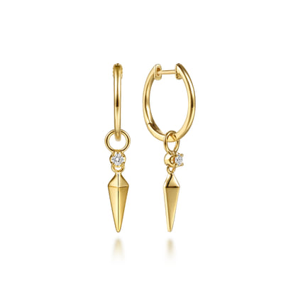 14K Yellow Gold Spike Diamond Huggie Drop Earrings