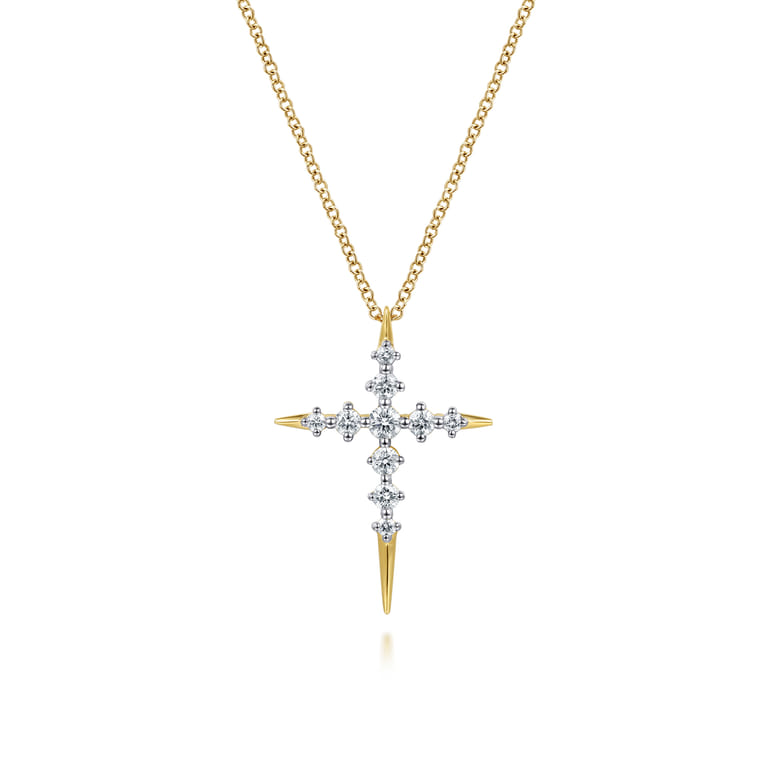 14K Yellow Gold Spike Graduating Diamond Cross Necklace - 0.35 ct - Shot 1