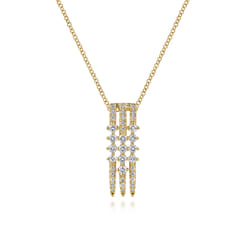 14K Yellow Gold Spike Multi Row Diamond Pendant Necklace
