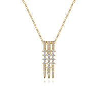 14K Yellow Gold Spike Multi Row Vertical Diamond Pendant Necklace